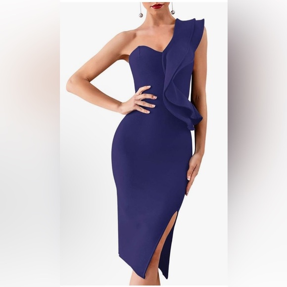 One Shoulder Ruffle Dress Side Split Bodycon Bandage Dress - Picture 1 of 8